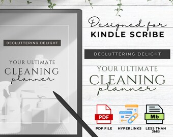Könnte beinhalten: Ein digitaler Planer zum Putzen, entwickelt für Kindle Scribe. Der Planer trägt den Titel "Your Ultimate Cleaning Planner" und stammt von Decluterring Delight. Der Planer ist als PDF-Datei mit Hyperlinks verfügbar und kleiner als 3 MB.