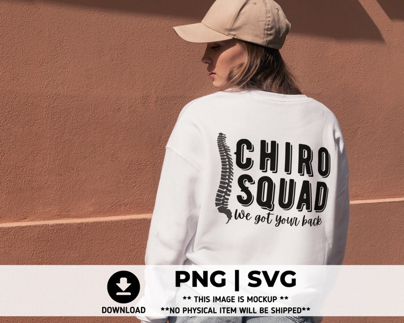 May include: White sweatshirt with a black graphic of a spine and the text "CHIRO SQUAD We got your back".