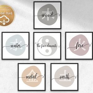 Może przedstawiać: Zestaw sześciu wydruków do samodzielnego wydrukowania, przedstawiających pięć żywiołów chińskiej filozofii: drewno, wodę, ogień, ziemię i metal. Każdy wydruk zawiera stylizowany symbol i angielskie słowo oznaczające żywioł w minimalistycznym designie.
