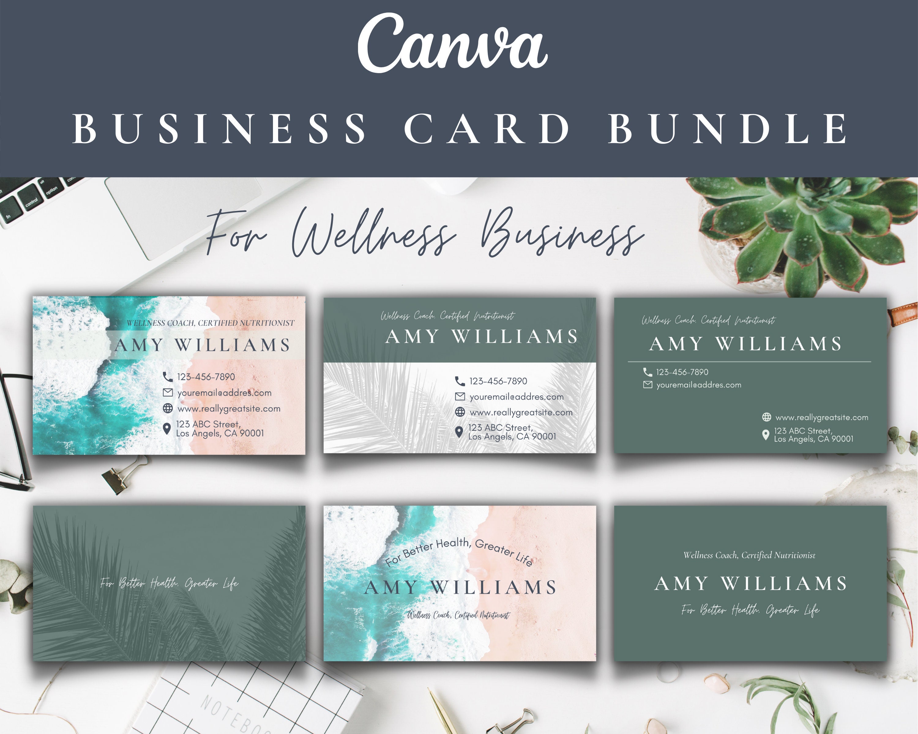 Business Card Template, Business Card for Wellness Coach, Printable