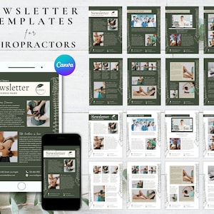 Op de afbeelding: Een set nieuwsbriefsjablonen voor chiropractors. De sjablonen hebben een groen-wit kleurenschema met een wervelkolomillustratie en tekst die "Nieuwsbrief" en "Uw bedrijfsnaam" zegt.