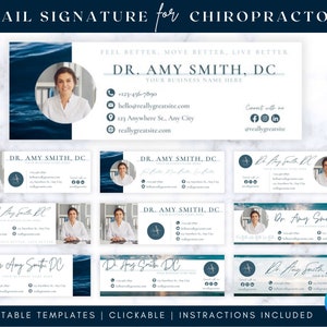 May include: Ten editable email signature templates for chiropractors. The templates feature a blue and white watercolor background with a photo of a chiropractor. The text includes the chiropractor's name, title, contact information, and social media links.