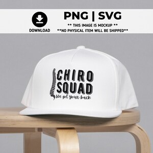 May include: White baseball cap with a black spine graphic and the text "CHIRO SQUAD We got your back".