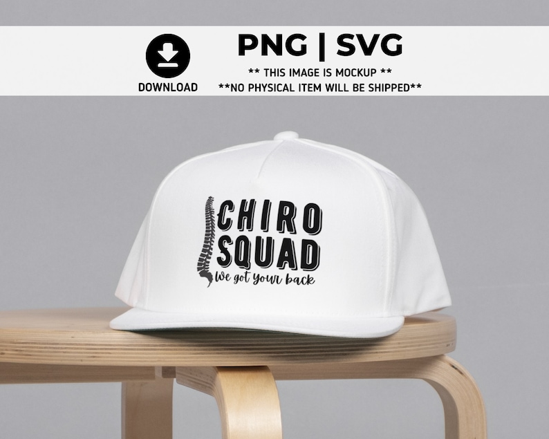 May include: White baseball cap with a black spine graphic and the text "CHIRO SQUAD We got your back".