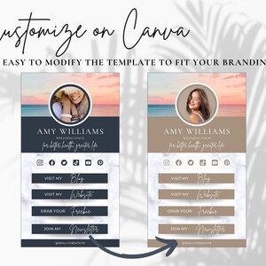 May include: Two customisable social media templates for a wellness coach. The templates feature a sunset background, a marble texture, and a photo of a woman. The text on the templates reads "Amy Williams, Wellness Coach, for better health, greater life." The templates include buttons for visiting the coach's blog, website, grabbing a freebie, and joining the coach's newsletter. The text "@reallygreatsite" is at the bottom of each template.