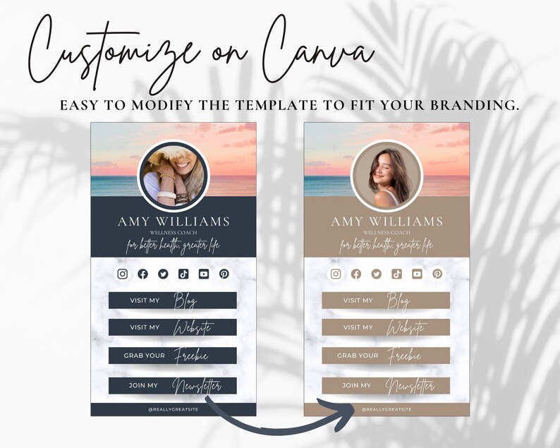 May include: Two customisable social media templates for a wellness coach. The templates feature a sunset background, a marble texture, and a photo of a woman. The text on the templates reads "Amy Williams, Wellness Coach, for better health, greater life." The templates include buttons for visiting the coach's blog, website, grabbing a freebie, and joining the coach's newsletter. The text "@reallygreatsite" is at the bottom of each template.