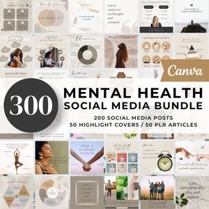 Op de afbeelding: Een grafisch ontwerppakket voor sociale media met een collage van 12 afbeeldingen met tips en advies over mentale gezondheid. Het pakket bevat 300 sociale media berichten, 50 highlight covers en 50 PLR-artikelen. De tekst "Mental Health Social Media Bundle" wordt weergegeven in grote, vetgedrukte letters.