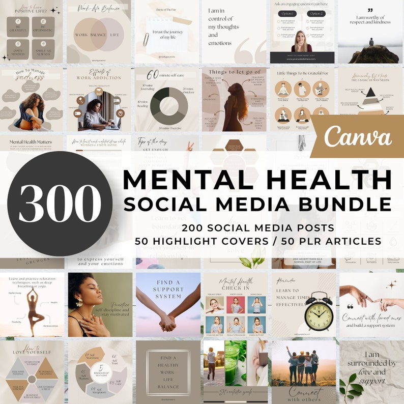 Op de afbeelding: Een grafisch ontwerppakket voor sociale media met een collage van 12 afbeeldingen met tips en advies over mentale gezondheid. Het pakket bevat 300 sociale media berichten, 50 highlight covers en 50 PLR-artikelen. De tekst "Mental Health Social Media Bundle" wordt weergegeven in grote, vetgedrukte letters.