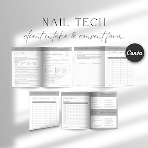 May include: A black and white printable client intake and consent form for nail technicians. The form includes sections for client information, services, and consent.