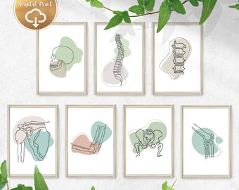 May include: Set of 6 printable art prints featuring line drawings of the human skeleton. Each print has a different bone or bone group, including the skull, spine, pelvis, knee, elbow, and shoulder. The prints are in a minimalist style with a light green and beige color palette.