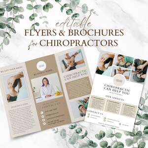 Peut inclure: Flyers et brochures modifiables pour les chiropraticiens. Les flyers présentent un schéma de couleurs brun et beige avec des images de personnes recevant des soins chiropratiques. Le texte sur les flyers comprend les phrases "We got your back!" et "Chiropractic can help you".