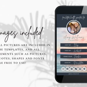 May include: A mobile phone screen mockup with a dark blue background and a sunset image. The text "for better health, greater life" is at the top of the screen. The text "Amy Williams, Wellness Coach" is in the center of the screen. There are four buttons with the text "Visit My Blog", "Visit My Website", "Grab Your Freebie", and "Join My Newsletter". There are social media icons at the bottom of the screen.