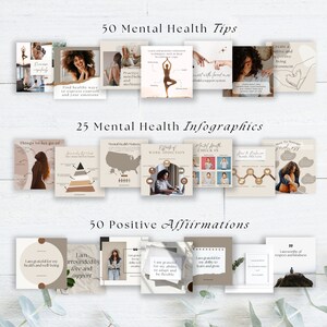Op de afbeelding: Een collage van afbeeldingen met tips en infographics over mentale gezondheid. De afbeeldingen tonen verschillende mensen en illustraties. De tekst bevat zinnen als "50 tips voor mentale gezondheid", "25 infographics over mentale gezondheid" en "50 positieve affirmaties".