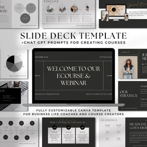 May include: A black and white slide deck template for creating online courses. The template features a minimalist design with gold accents and includes text such as "Welcome to our Ecourse & Webinar", "Our Strategy", and "This course is for you if..." The template is fully customizable and can be used in Canva.