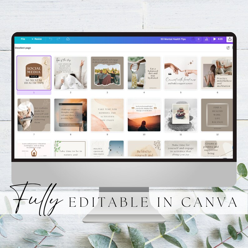 Op de afbeelding: Een computerscherm waarop een Canva-ontwerptemplate wordt weergegeven met 50 tips voor mentale gezondheid. De template is verdeeld in een raster van 12 vierkanten, elk met een ander beeld en tekst. De tekst bevat zinnen als "Neem tijd voor hobby's", "Wees aardig voor jezelf" en "Vind een gezonde werk-priv&eacute;balans".