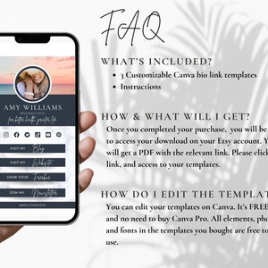 May include: A mobile phone screen displaying a Canva bio link template with a pink and orange sunset background. The template features a woman's headshot, the text "AMY WILLIAMS WELLNESS COACH for better health greater life", and social media icons. The template also includes buttons for "Visit My Blog", "Visit My Website", "Grab Your Freebie", and "Join My Newsletter".