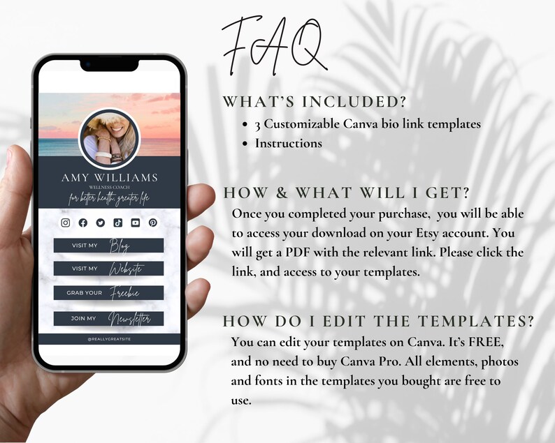 May include: A mobile phone screen displaying a Canva bio link template with a pink and orange sunset background. The template features a woman's headshot, the text "AMY WILLIAMS WELLNESS COACH for better health greater life", and social media icons. The template also includes buttons for "Visit My Blog", "Visit My Website", "Grab Your Freebie", and "Join My Newsletter".