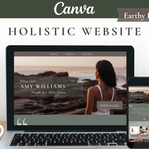 Può includere: Un laptop e uno smartphone mostrano un sito web per un coach olistico di nome Amy Williams. Il sito web presenta una foto di una donna in piedi su una spiaggia rocciosa, con il testo "Holistic Coach Amy Williams" e "Integrate Your Holistic Journey". Il sito web include anche un pulsante "Book a Call". Lo smartphone mostra una citazione che dice "Oggi è il tuo giorno per iniziare da capo, per mangiare bene, per allenarti duramente, per vivere sano, per essere orgoglioso."