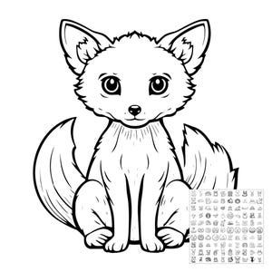 May include: A black and white line art illustration of a sitting fox with large eyes and pointed ears. The fox has a fluffy tail and detailed fur texture. In the bottom right corner, there is a small grid containing many tiny animal icons.