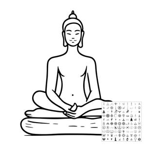 May include: A black and white line art illustration of a figure in a seated meditation pose with hands resting in the lap. The figure has a topknot and elongated ears. A small square grid containing many tiny, varied black and white icons is visible.