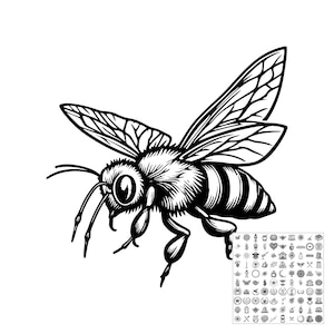 以下が含まれることがあります： 飛行中のミツバチの白黒グラフィックイラスト。詳細な翅脈、毛羽立った胸部、縞模様の腹部が特徴です。右下隅には、多数の小さな個別のアイコンを含む小さなグリッドが表示されています。