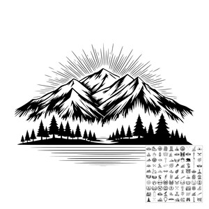 May include: A black and white graphic illustration featuring a mountain range with sunburst rays above, a dense forest of pine trees in the foreground, and a reflective water surface below, accompanied by a small grid of various outdoor icons.