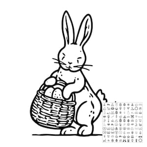 May include: A black and white line art illustration of a rabbit standing upright and holding a woven basket filled with patterned eggs. In the bottom right corner, there is a grid containing many small, individual black and white icons.