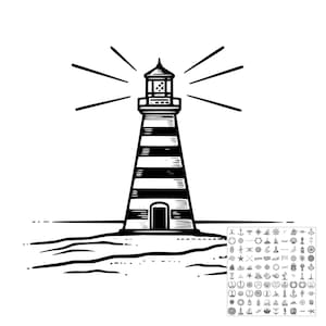 May include: A black and white graphic illustration of a striped lighthouse with a glowing lantern room emitting light beams. The lighthouse stands on a shoreline with wavy lines representing water. A small grid of various nautical icons is visible.
