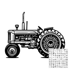 May include: A black and white graphic illustration of a farm tractor featuring a large rear tire with deep treads, a smaller front tire, an exhaust pipe, and a steering wheel. A small square grid containing numerous tiny farm-themed icons is included.