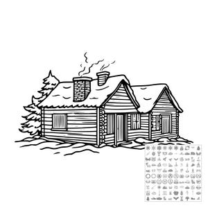 May include: A black and white line art illustration of a log cabin with a snow-covered roof and chimney emitting smoke. A pine tree stands to the left of the cabin. A small grid of various other small black and white icons is visible in the corner.