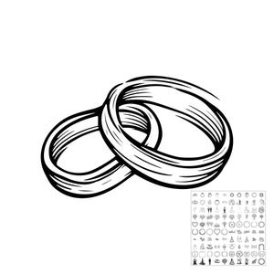 Könnte beinhalten: Eine schwarz-weiße Strichzeichnung von zwei ineinandergreifenden Ringen. Die Ringe zeichnen sich durch einfache, kräftige Striche und ein kreisförmiges Design aus. In der unteren rechten Ecke befindet sich ein kleines Raster mit vielen weiteren Symbolen.