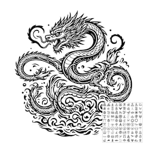 May include: A black and white graphic illustration of a serpentine dragon with detailed scales, flowing whiskers, and a long body coiled above stylized swirling clouds. A small grid of various miniature icon designs is visible in the bottom corner.
