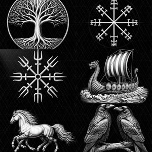 Könnte beinhalten: Eine Sammlung von zehn silberfarbenen Illustrationen auf schwarzem Hintergrund, darunter ein Davidstern, ein Mjolnir-Hammer, ein Lebensbaum, Vegvisir, Aegishjalmur, ein Wikingerschiff, ein Pferd, zwei Raben, Trinkhörner und ein angeketteter Wolf.