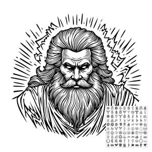May include: A black and white graphic illustration of a bearded figure with long hair, surrounded by stylized lightning bolts and radiating lines. In the bottom right corner, a small square grid displays numerous miniature icon designs.