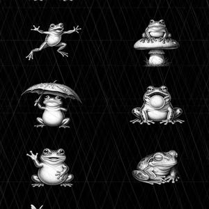 May include: A collection of ten black and white digital illustrations featuring frogs in various poses, including sitting, jumping, holding an umbrella, resting on a mushroom, blowing a bubble, waving, sleeping, and catching a fly with a long tongue.