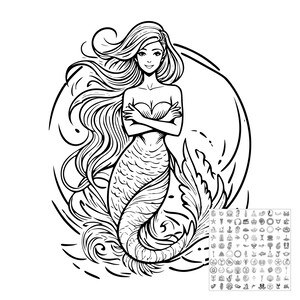 May include: A black and white line art illustration of a mermaid with long flowing hair and arms crossed over the chest. The mermaid has a detailed scaled tail and is positioned in front of a circular background. A small grid of icons is in the corner.