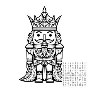 May include: A black and white line art illustration of a nutcracker king wearing an ornate crown, a detailed military-style uniform with epaulets, and a long cape. A small grid containing numerous tiny, varied black and white icons is visible in the corner.
