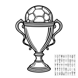 Könnte beinhalten: Eine schwarz-weiße Strichzeichnung eines Fußballs, der in einem Pokal mit zwei geschwungenen Griffen liegt. Das Design zeichnet sich durch kräftige Umrisse und Schattierungslinien aus, ergänzt durch ein Raster kleinerer Pokal-Symbole.