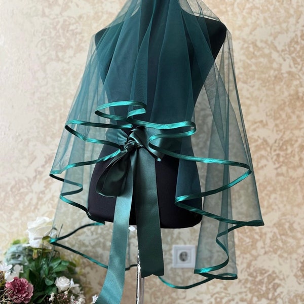 Voile de mariée vert, voile de cathédrale, voile classique, voile de mariée noir, voile de mariage de couverture de visage, voile de mariée en tulle, ruban de satin de voiles de mariée