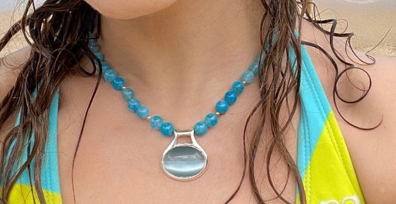 Blue Agate 8 MM Beads 17.5" Necklace with Cat’s Eye Glass Pendant – Matching Earrings - 925 Sterling Silver - Exclusive Design - Only ONE