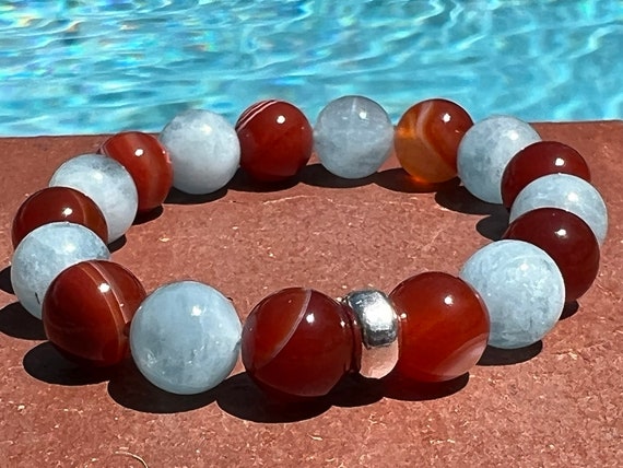Aquamarine & Red Agate Gemstones Bracelet 10 MM -- 8 MM sterling Silver Spacer-- Courage, Protection and Perseverance
