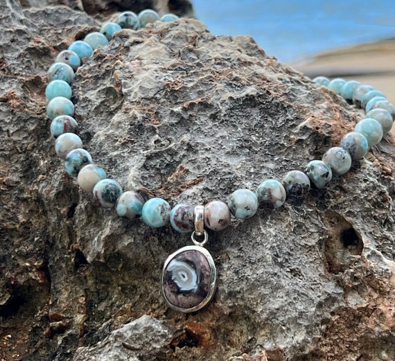 Larimar 10MM Gemstone Necklace – Mexican Coconut Geode Sterling Silver Pendant & Toggle Clasp – Exclusive Design— Only One in the World