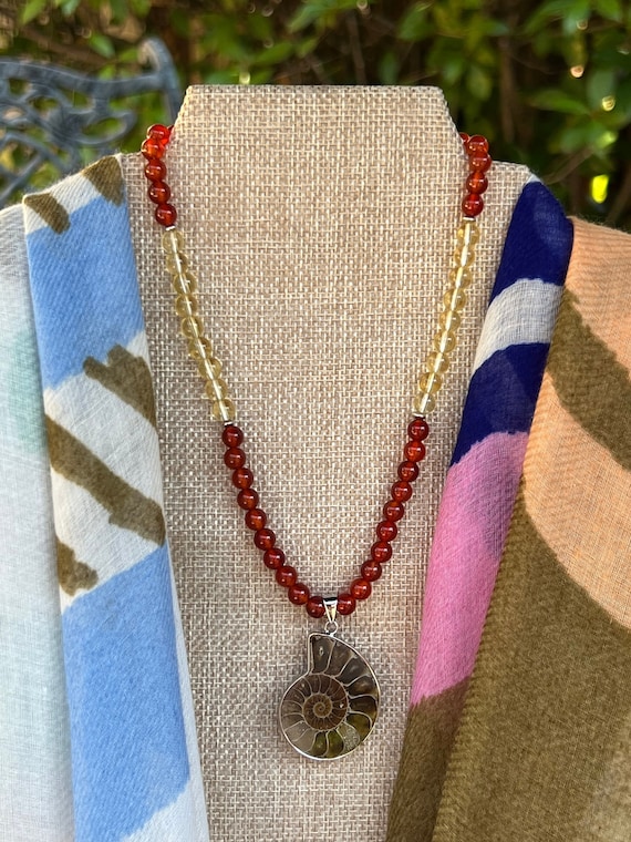 Red Agate with Citrine 6mm Gemstone 15in Necklace -- Rock Pendant -- Sterling Silver Closure & Spacers