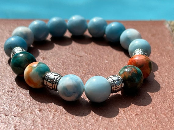 Larimar and Ocean Jade Gemstone Bracelet 10 MM Beads – Enlightenment & Positivity