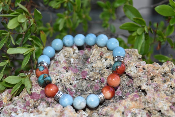 Larimar and Ocean Jade Bracelet 10 MM Gemstones Beads - Enlightenment & Positivity -- Opens the Heart to True Love