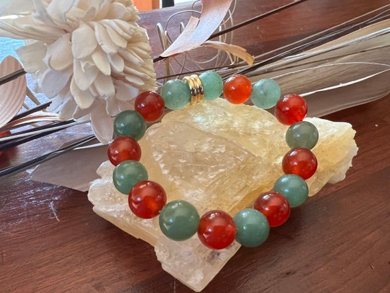 Carnelian & Green Aventurine Bracelet with Golden Stealing Steel Spacer - 10 MM Gemstones - Passion, Prosperity, Peace