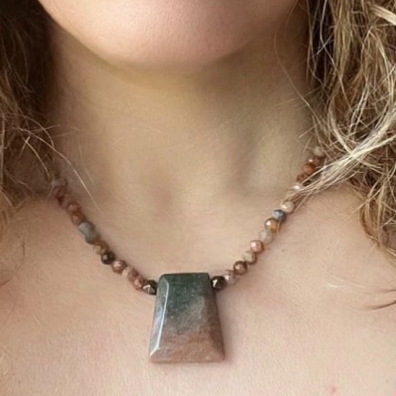 Aqua Terra Jasper Gemstone 17in Necklace -- Indian Agate Pendant -- Silver Plated Toggle Clasp Closure -- Fortune, Compassion & Love