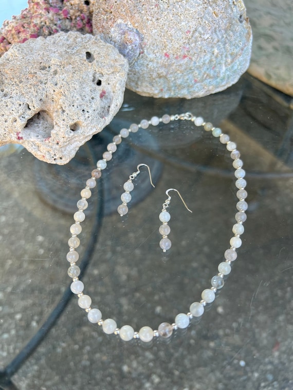 White & Grey Quartz 6 MM Beads 17" Necklace -- Matching Earrings -- All Material 925 Sterling Silver  - Exclusive Design - Only ONE