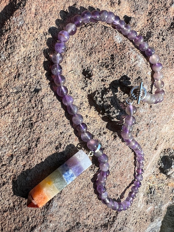 Amethyst Gemstone 17in Necklace with Fluorite Pendant