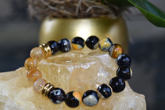 Round Faceted Bumble Bee Agate (Black-Yellow) and Citrine Gemstone Bracelet 10 MM – Wealth & Life Energy